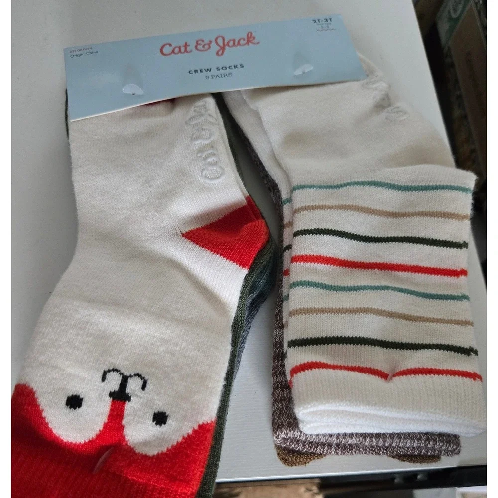 Cat & Jack Kids 6 Pack Crew Socks 2T-3T Shoe Size 5-8 Animal Face Stripes New